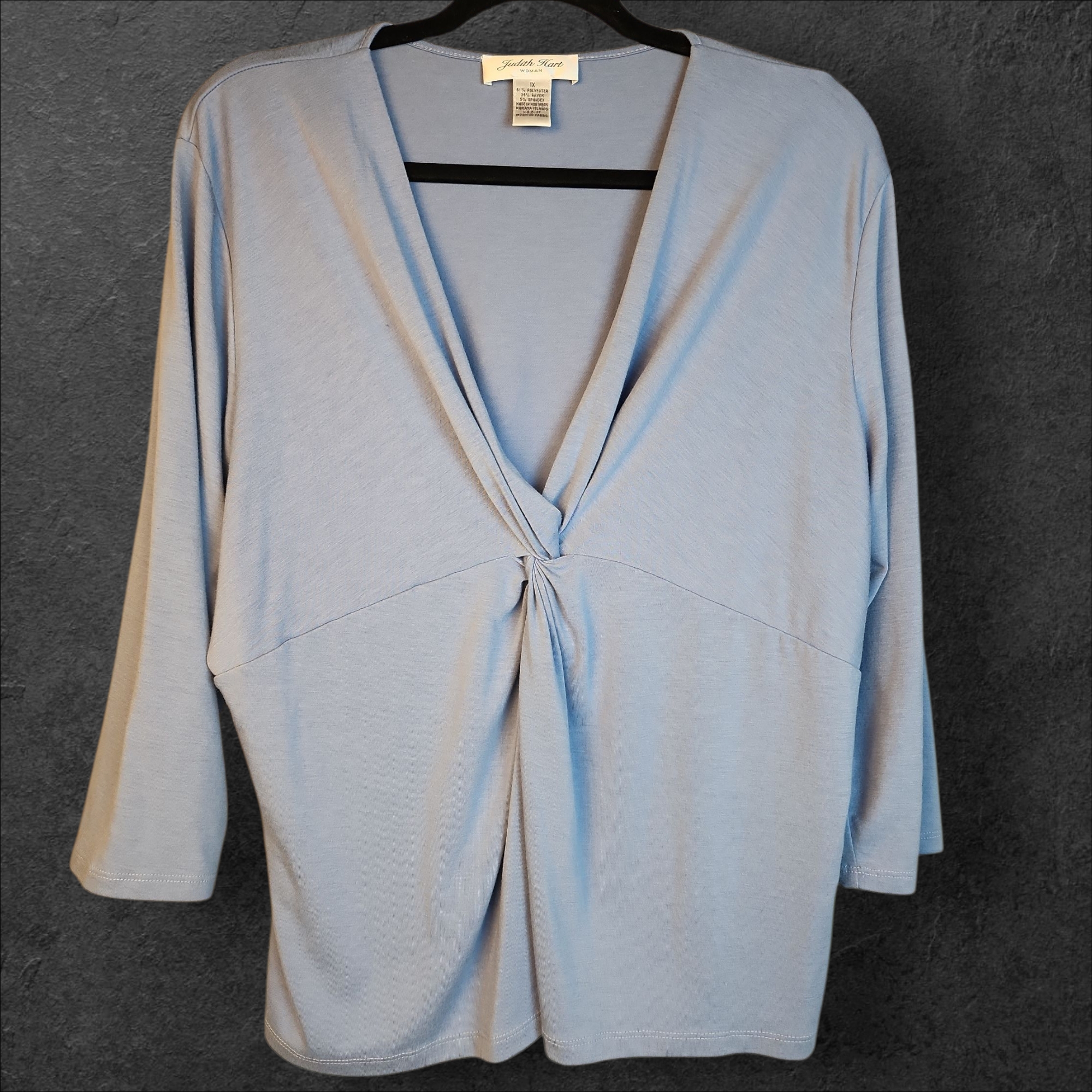 Judith Hart | Soft Feminine Blue V-Neck Women's Twist Front 3/4 Sleeve Top | 1x